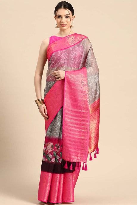 Grey Muga Silk Bandhani Saree