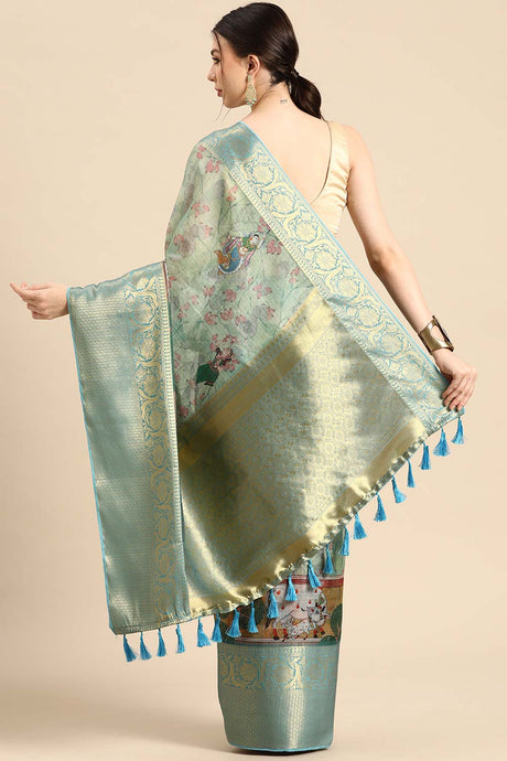 Light Green Muga Silk Animal Print Saree