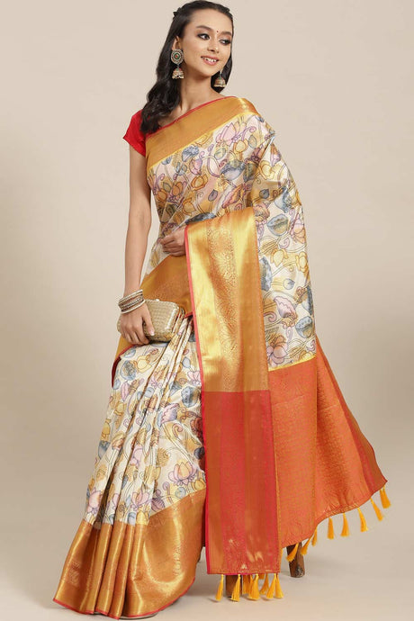 Buy Beige Soft Art Silk Floral Printed Banarasi Saree Online