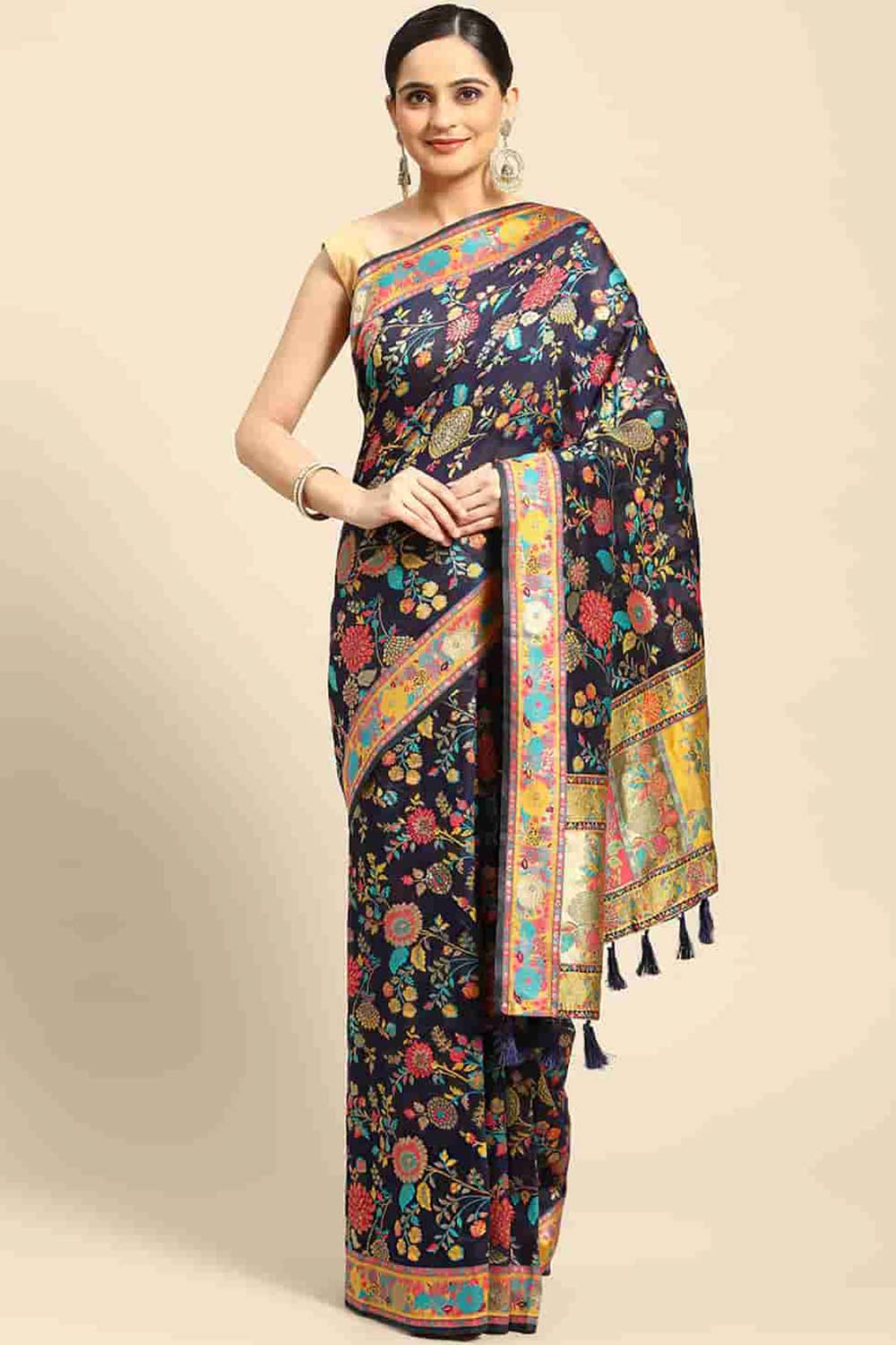 Navy Blue Embroidered Cotton Blend Saree