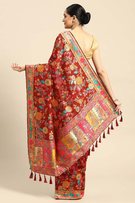 Red Embroidered Cotton Blend Saree