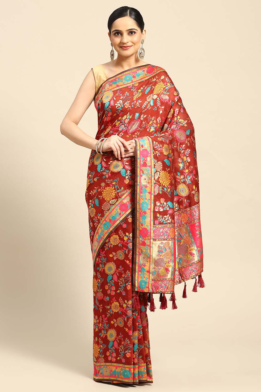 Red Embroidered Cotton Blend Saree