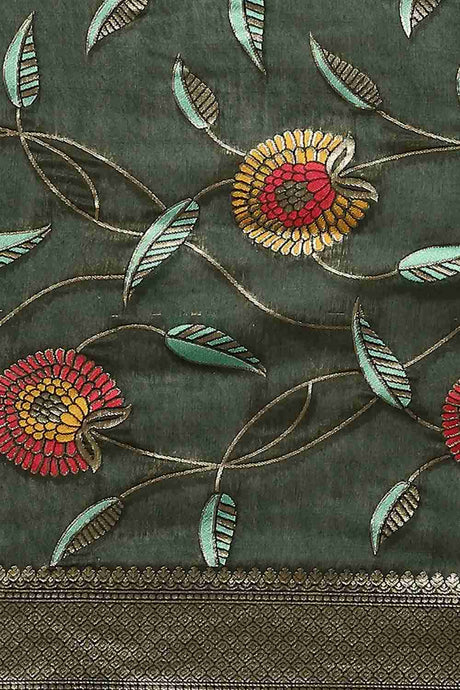 Green Embroidered Cotton Blend Saree