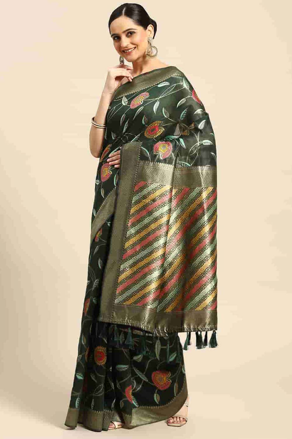 Green Embroidered Cotton Blend Saree