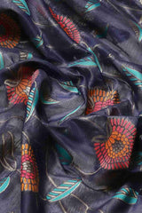 Navy Blue Embroidered Cotton Blend Saree