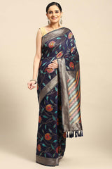 Navy Blue Embroidered Cotton Blend Saree