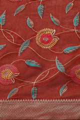 Red Embroidered Cotton Blend Saree