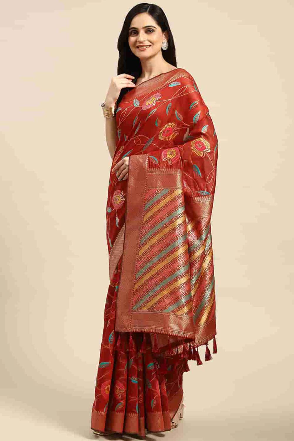 Red Embroidered Cotton Blend Saree