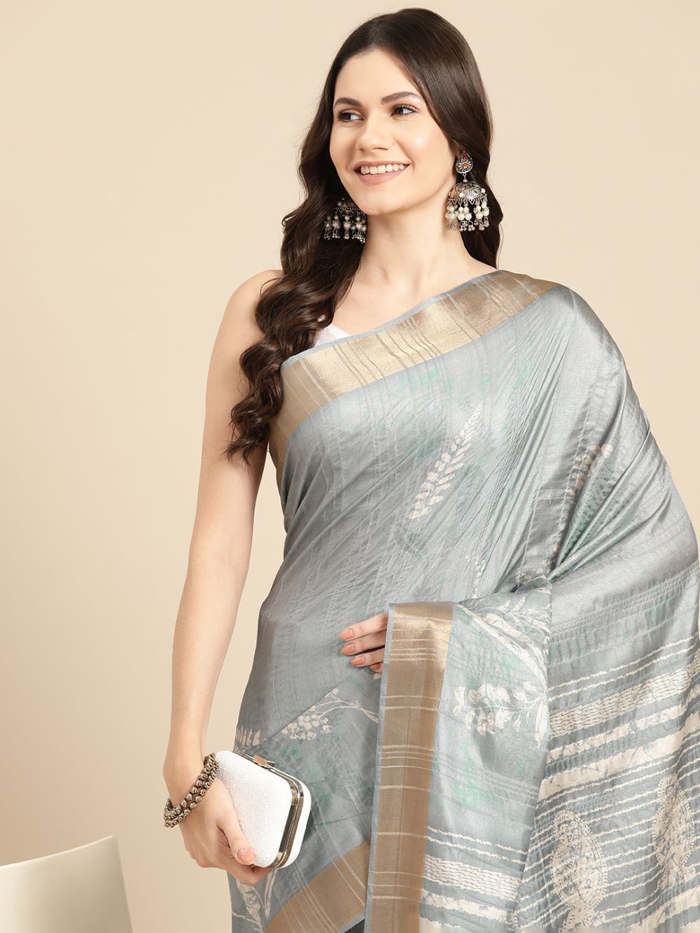 Grey Soft Silk Digital Print Saree