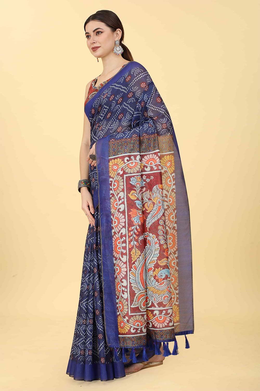 Blue Bandhani Cotton Blend Saree