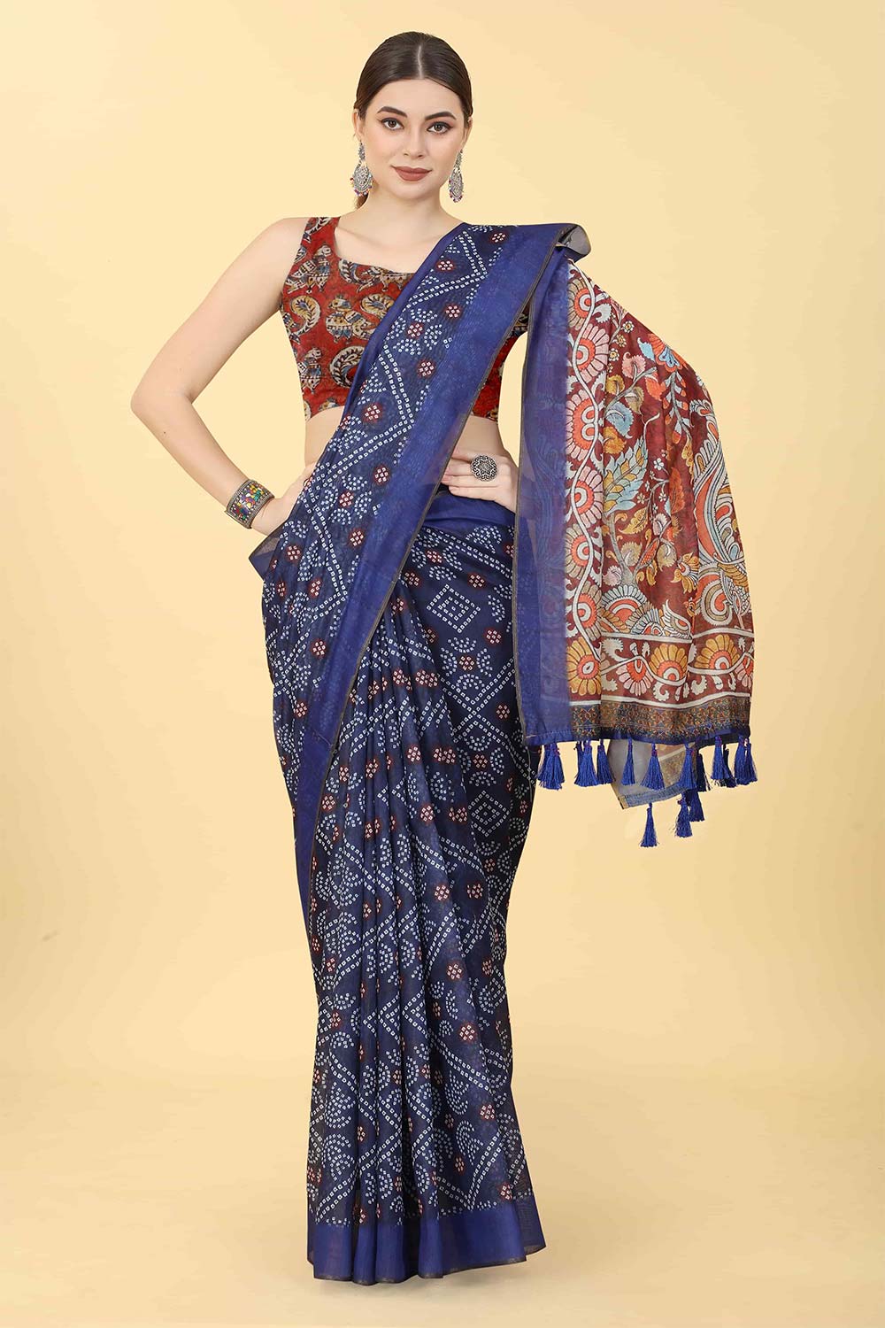 Blue Bandhani Cotton Blend Saree