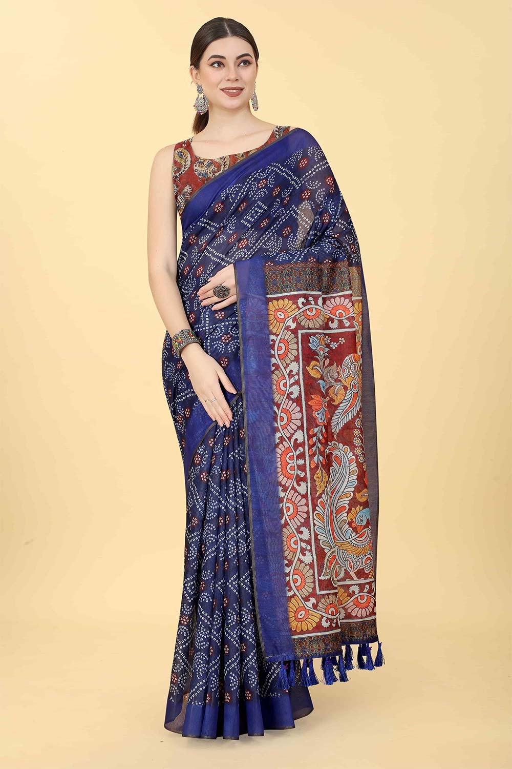 Blue Bandhani Cotton Blend Saree