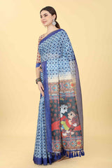 Blue Printed Cotton Blend Saree