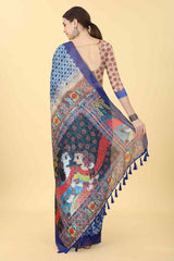 Blue Printed Cotton Blend Saree