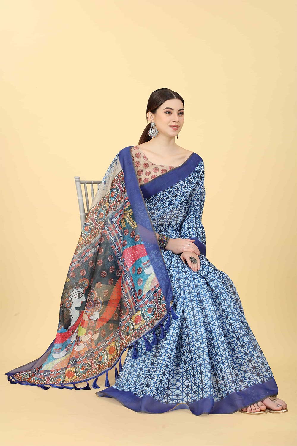 Blue Printed Cotton Blend Saree