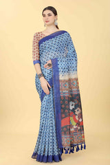 Blue Printed Cotton Blend Saree