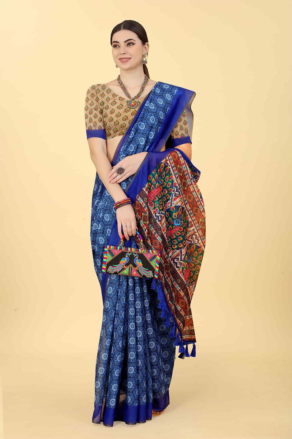 Blue Printed Cotton Blend Saree