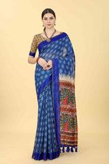 Blue Printed Cotton Blend Saree