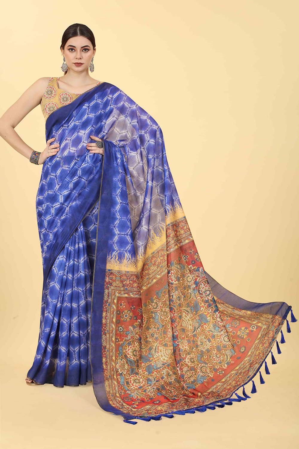 Blue Printed Cotton Blend Saree