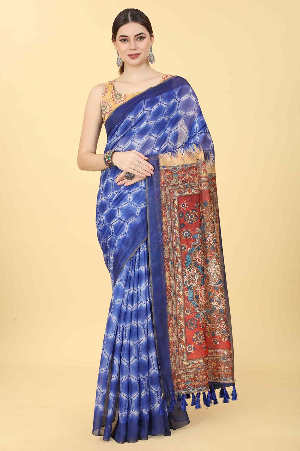 Blue Printed Cotton Blend Saree