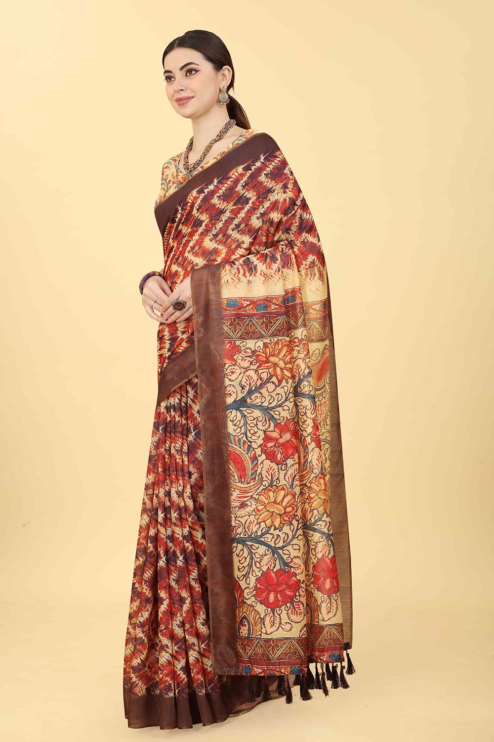 Brown Printed Cotton Blend Saree