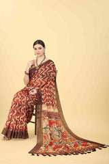 Brown Printed Cotton Blend Saree