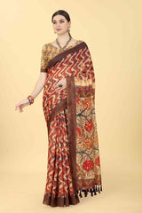 Brown Printed Cotton Blend Saree