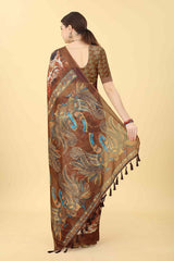 Brown Printed Cotton Blend Saree