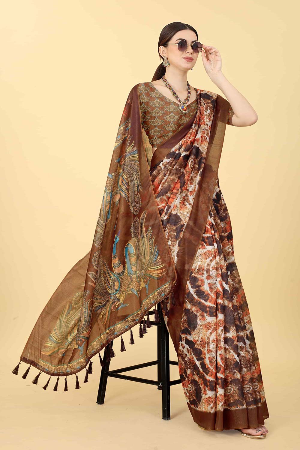 Brown Printed Cotton Blend Saree