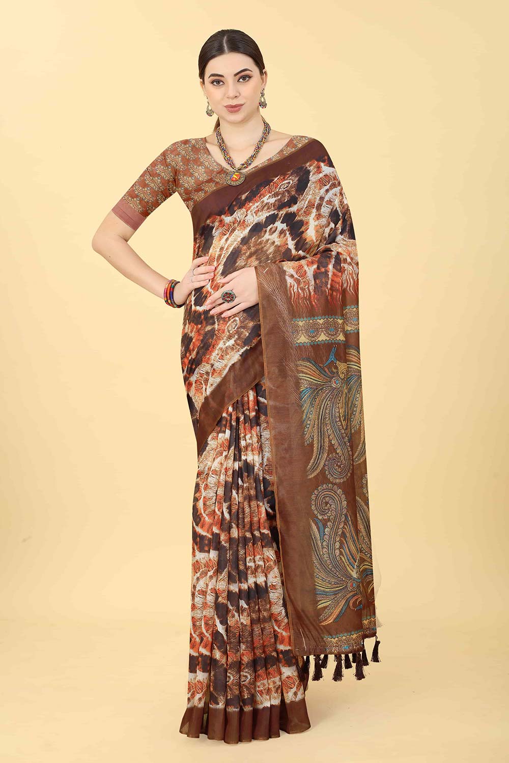 Brown Printed Cotton Blend Saree