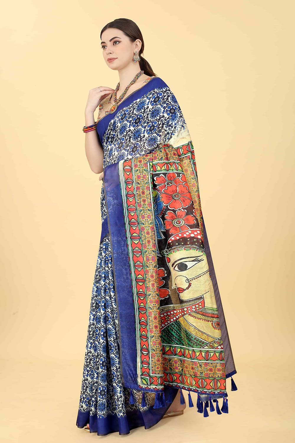 Blue Printed Cotton Blend Saree