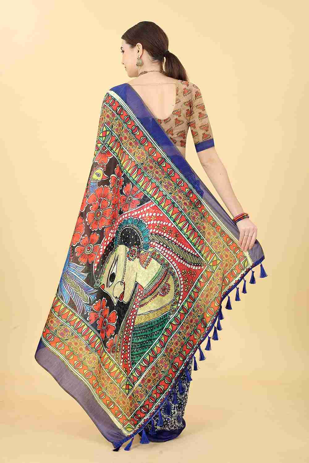 Blue Printed Cotton Blend Saree