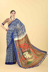 Blue Printed Cotton Blend Saree