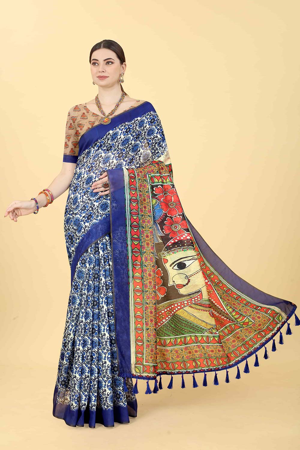 Blue Printed Cotton Blend Saree