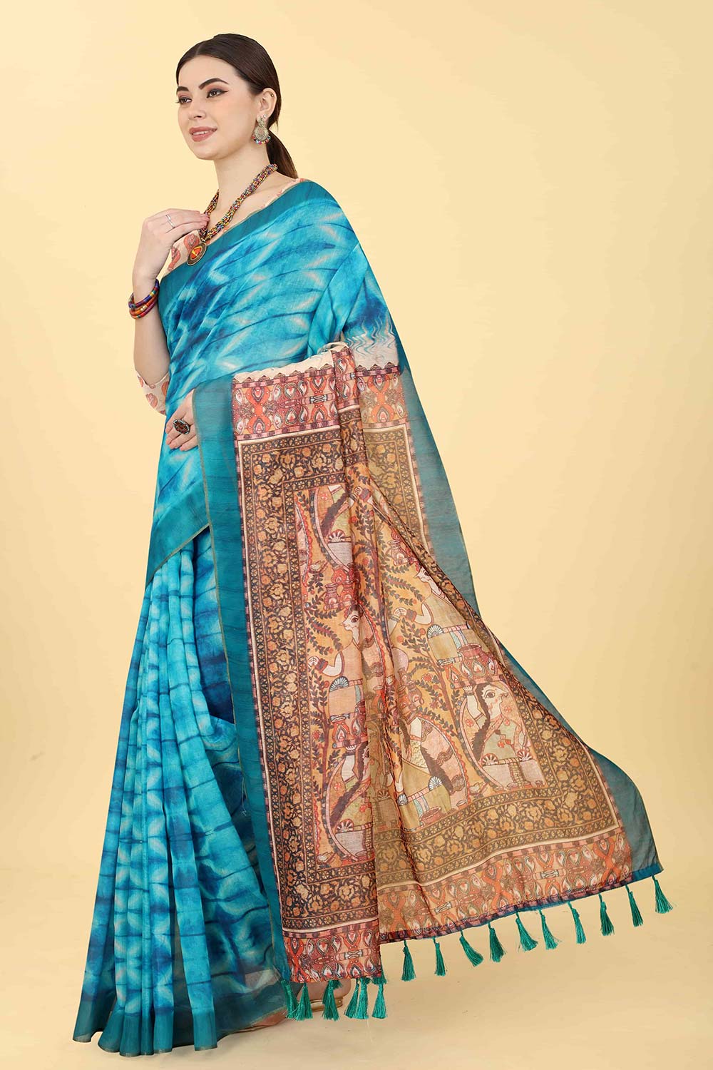 Blue Printed Cotton Blend Saree