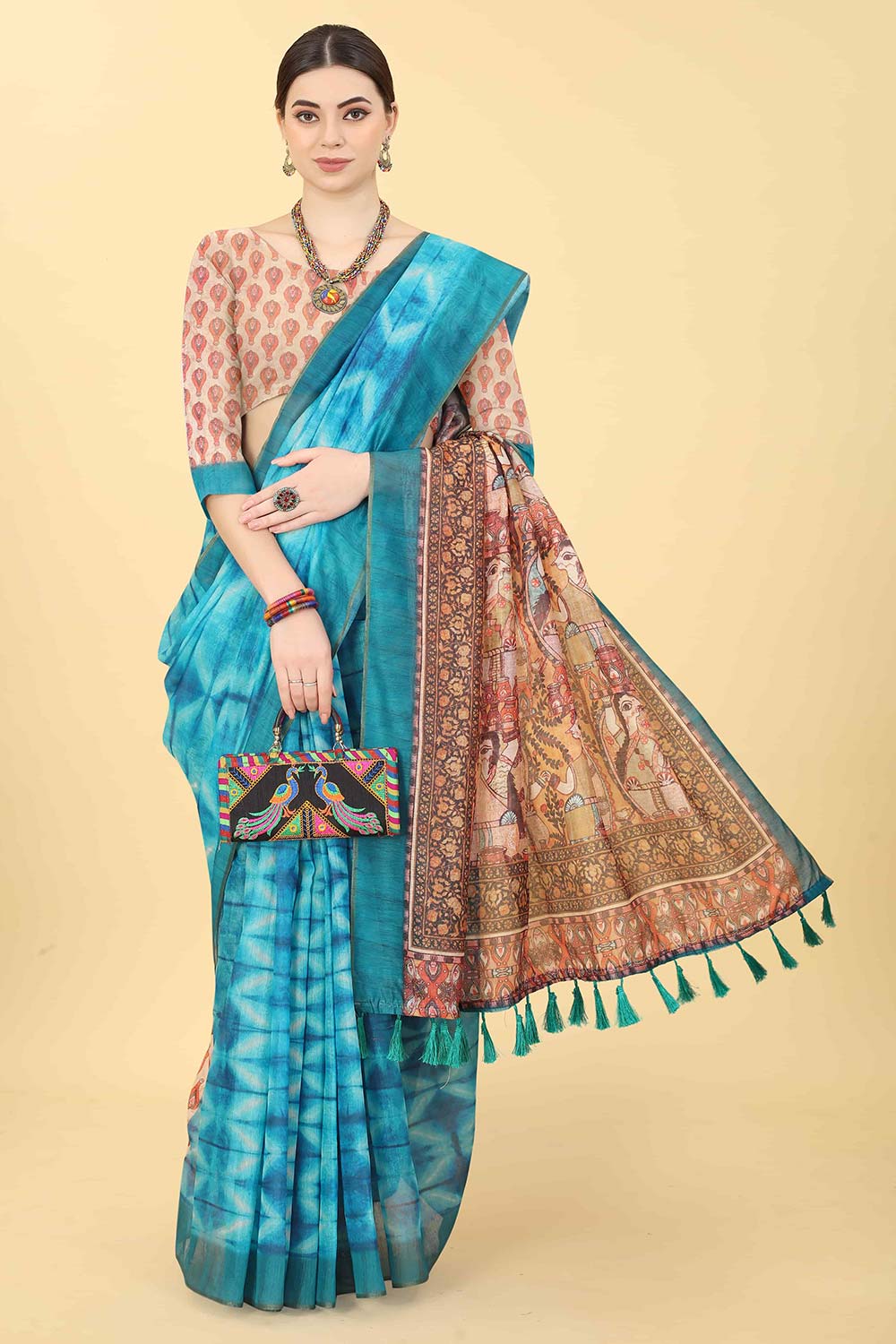 Blue Printed Cotton Blend Saree