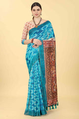 Blue Printed Cotton Blend Saree