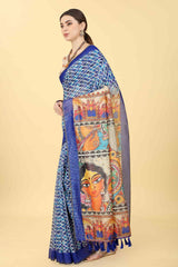 Blue Printed Cotton Blend Saree