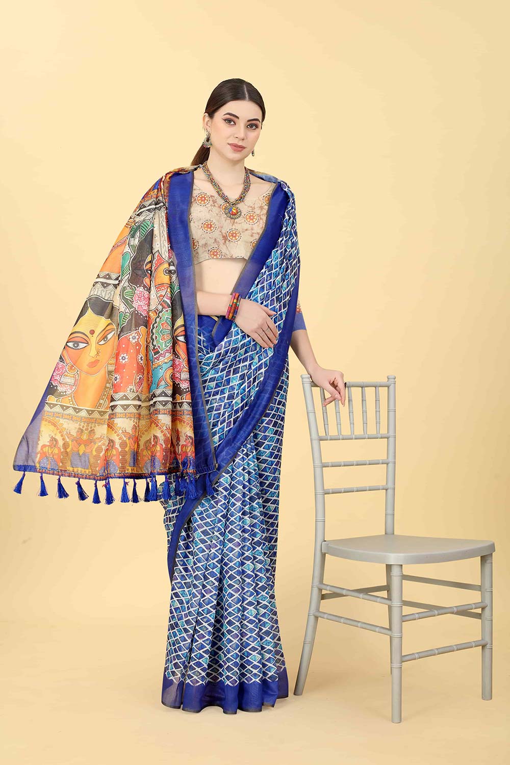 Blue Printed Cotton Blend Saree