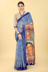 Blue Printed Cotton Blend Saree