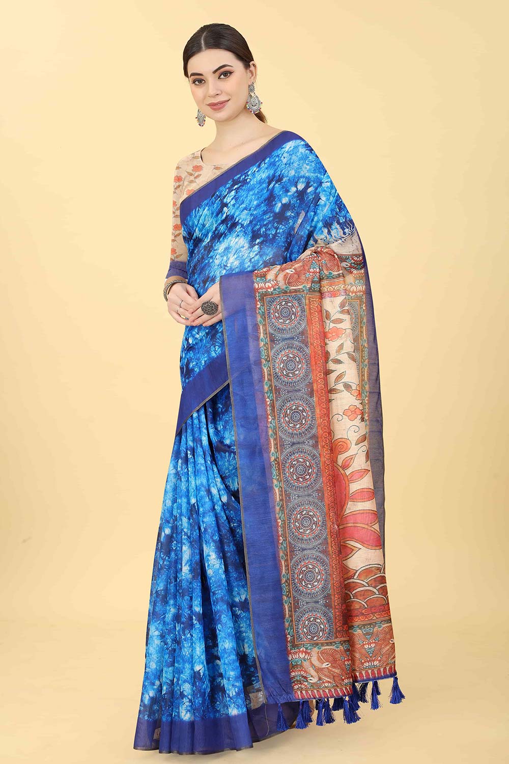 Blue Printed Cotton Blend Saree