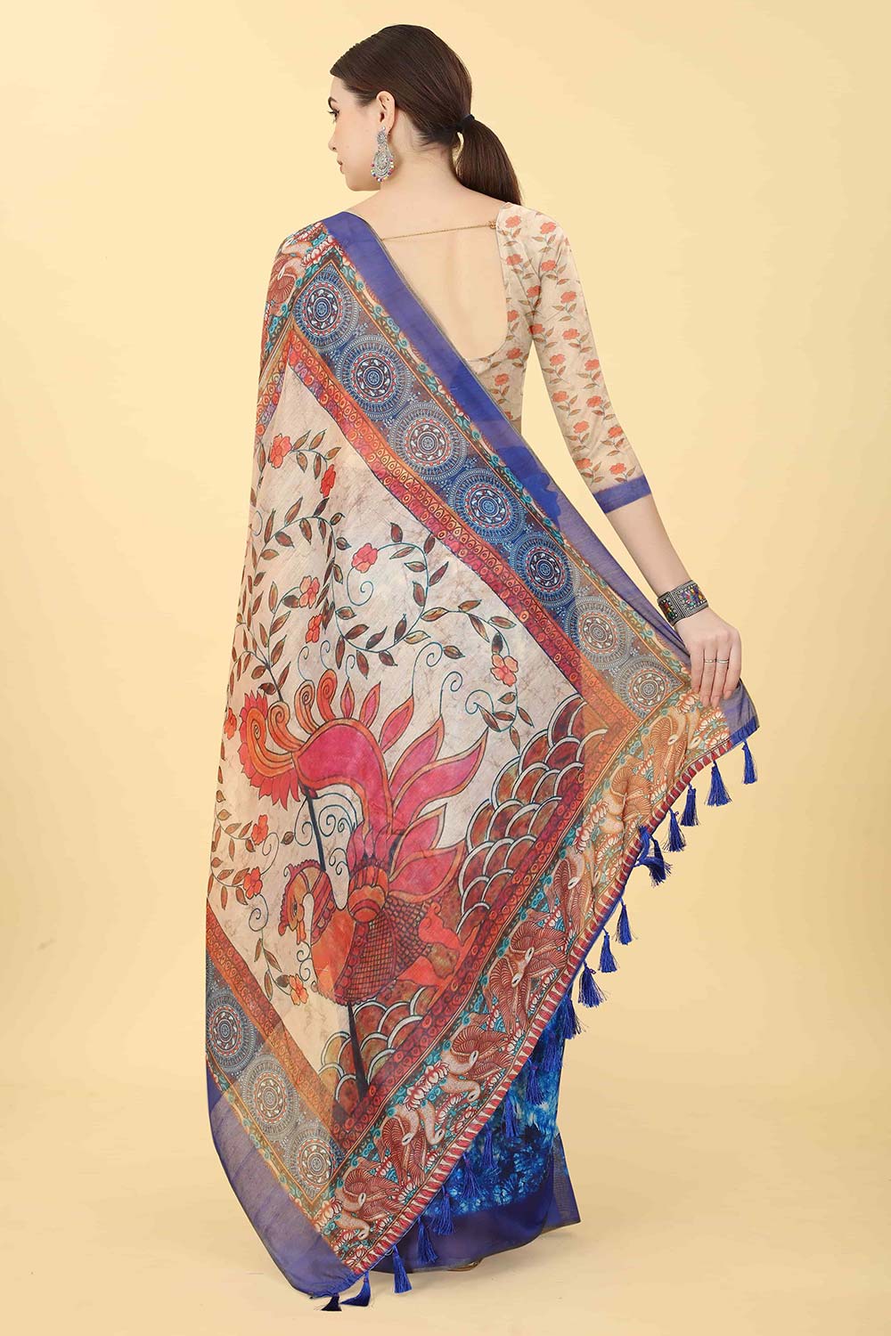 Blue Printed Cotton Blend Saree