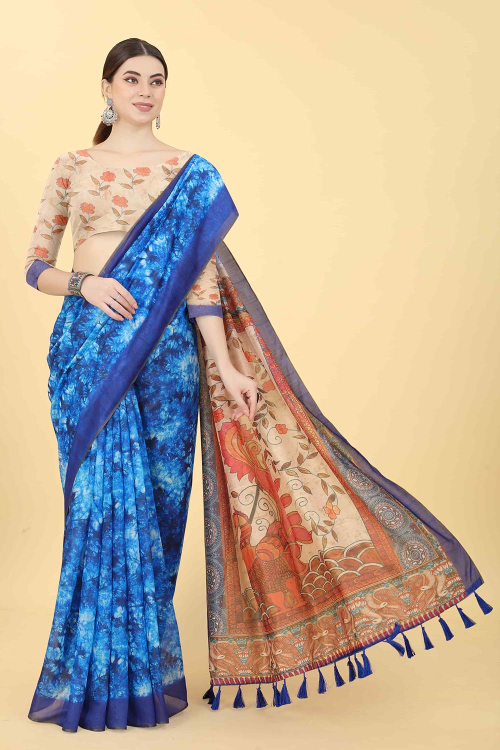 Blue Printed Cotton Blend Saree