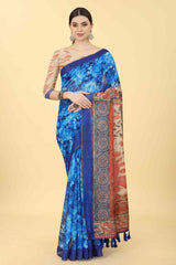 Blue Printed Cotton Blend Saree