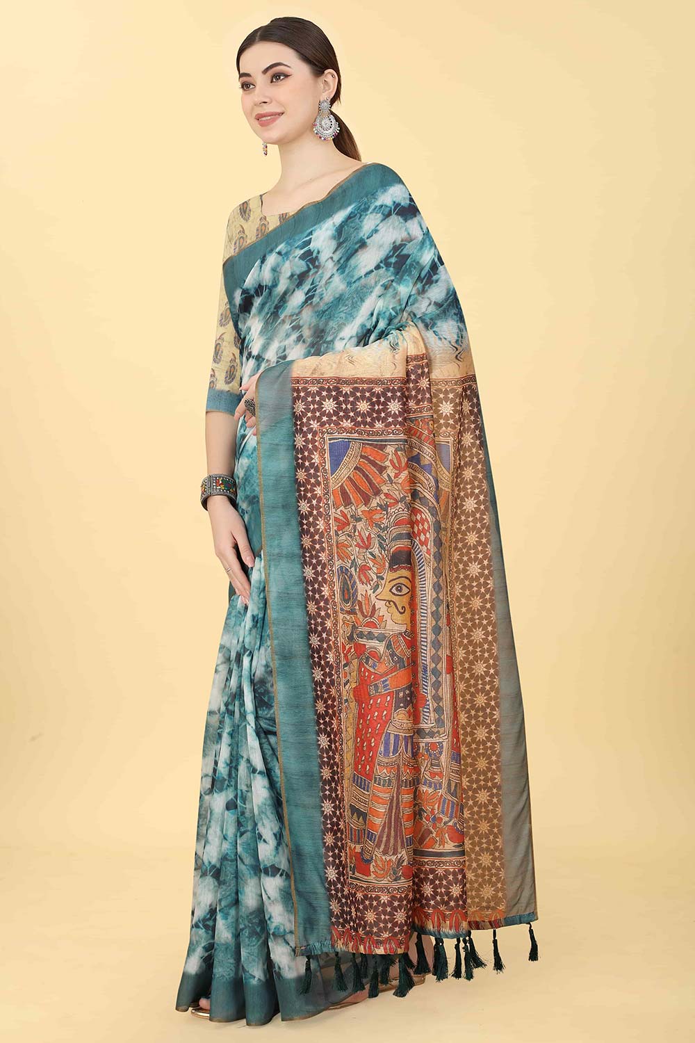 Blue Printed Cotton Blend Saree