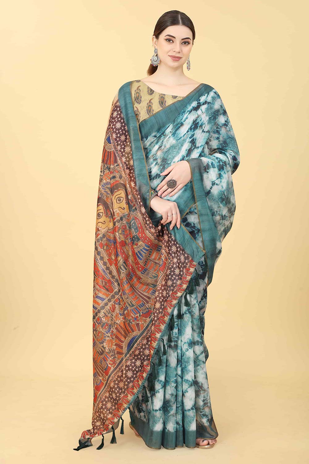 Blue Printed Cotton Blend Saree