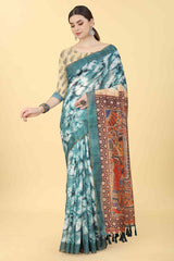 Blue Printed Cotton Blend Saree