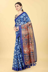 Blue Printed Cotton Blend Saree