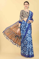 Blue Printed Cotton Blend Saree