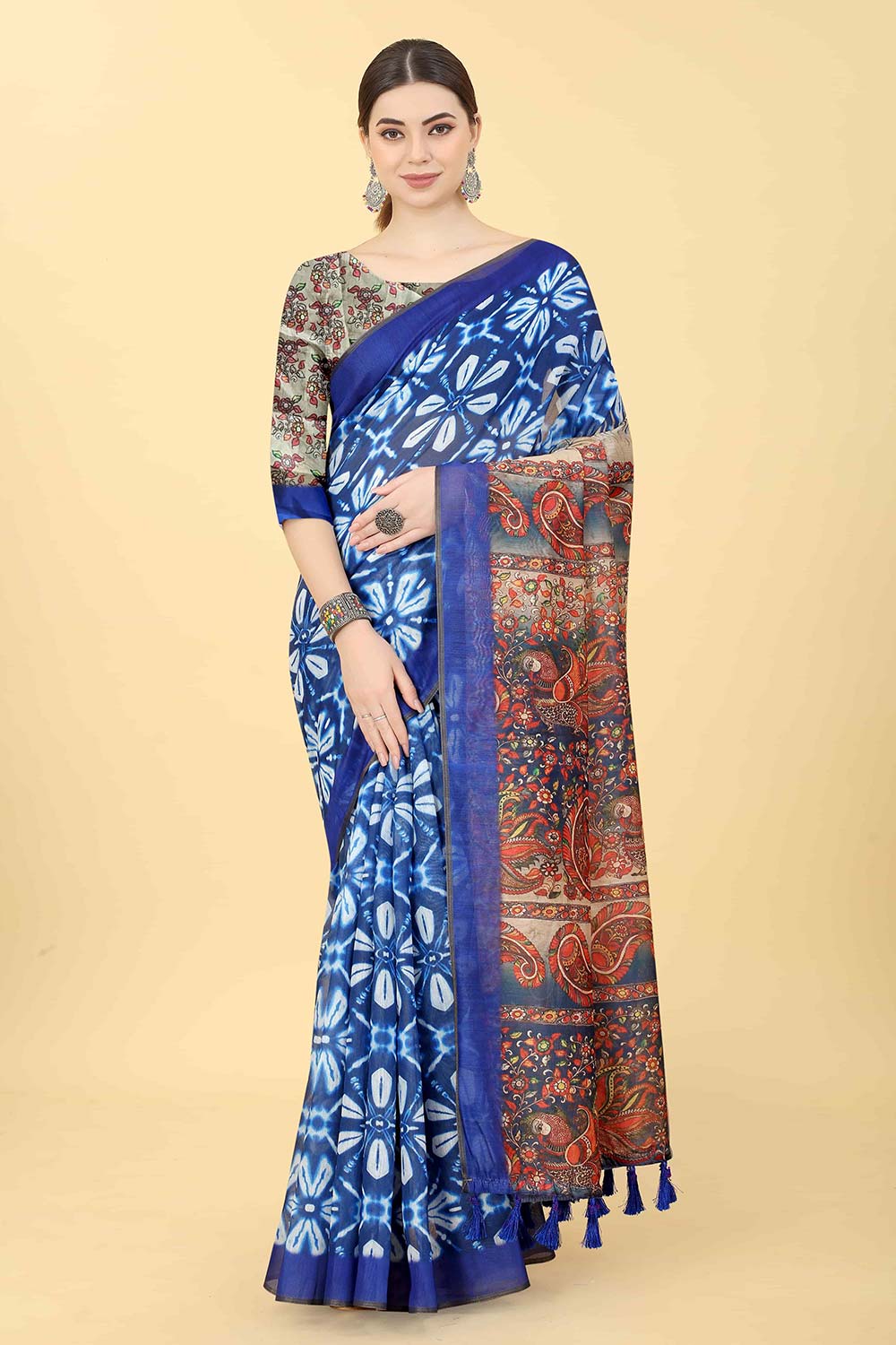 Blue Printed Cotton Blend Saree